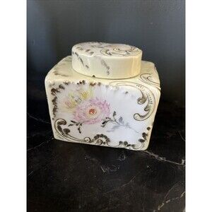 PHL Limoges France Porcelain Powder Box - Pink Flowers Gold Swirl Crown Mark As